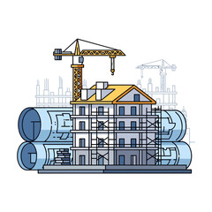 Fototapeta premium Building construction with blueprints and cranes on site
