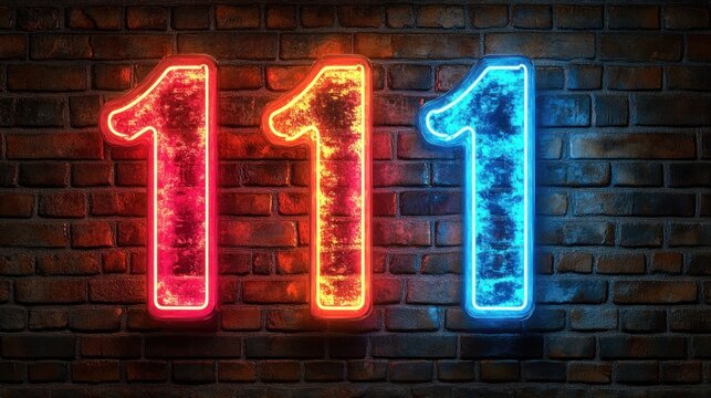 Neon numbers 111 on brick wall, red and blue