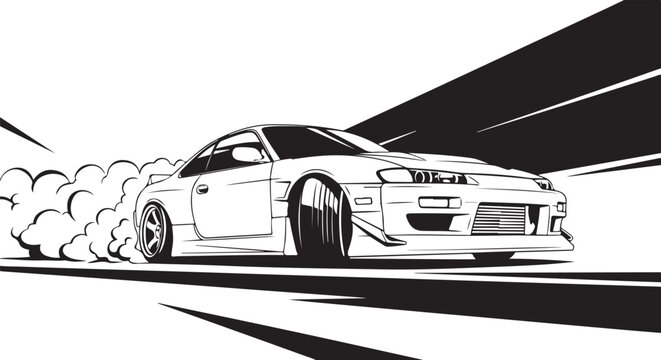 Drifting Car Vector, Black and White Sports Car Illustration, Racing Auto, Speed Motion Graphics