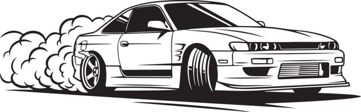 Drifting Car Vector, Sports Car Illustration, Racing Car Design, Black and White Automotive Art
