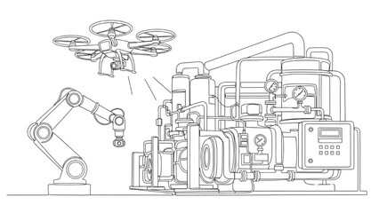 Fototapeta premium Industrial Automation System with Robotic Arm and Drone Monitoring Smart Factory Machinery Line Art Illustration