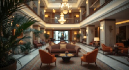 Fototapeta premium Sophisticated hotel atrium interior with timeless furniture and ambient soft bokeh lighting