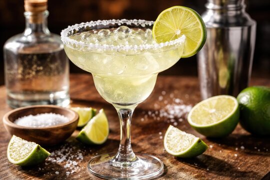 Refreshing lime margarita cocktail with silver tequila and salted rim