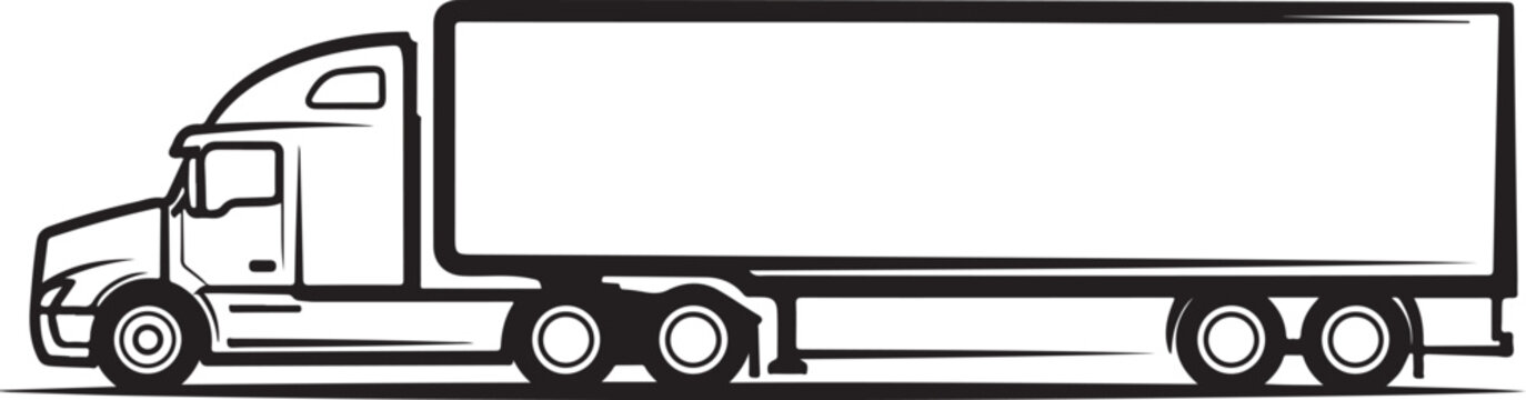 Truck, semi truck, trailer, vector illustration, line art, black and white