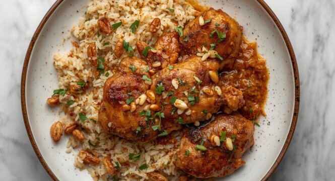 Top view of a plate with homemade chicken kabsa featuring seasoned rice and tender chicken pieces garnished with crunchy nuts