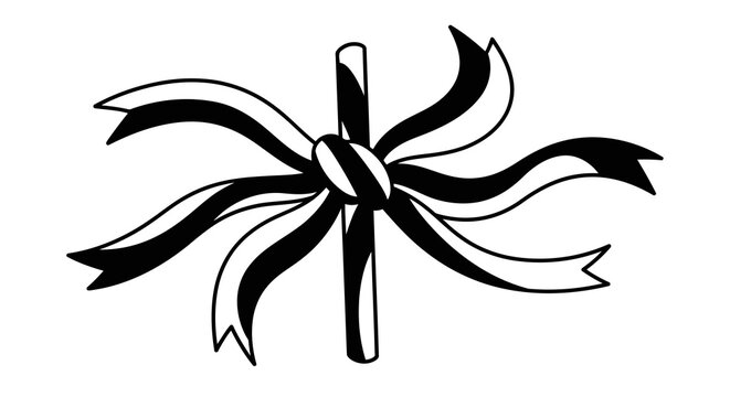 A simple black and white graphic of a pinwheel with ribbons.