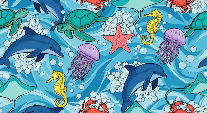 Colorful ocean sea creatures swimming together.