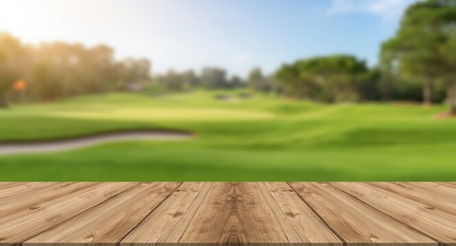 Wooden table setup with blurred golf course scenery for promotional product showcasing
