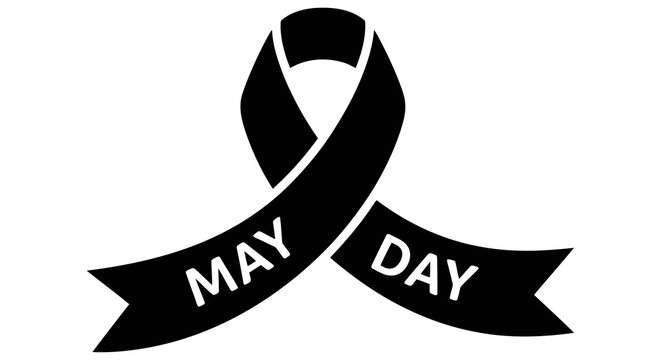 A black ribbon with the words may day forming a loop symbolizing awareness and support