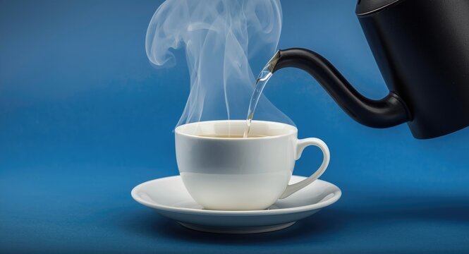 Close up photo of steam swirling from white tea cup with hot water from sleek black kettle on blue surface