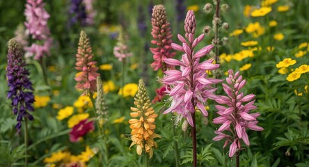Obraz premium Colorful pink columbine blooms decorate a floral garden surrounded by various species with beautiful inflorescence