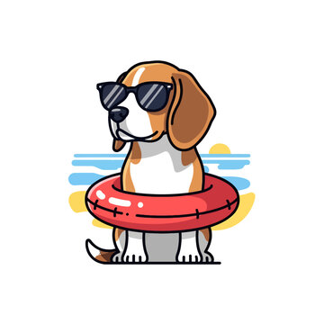 A dog wearing sunglasses and a float enjoys a sunny day at the beach