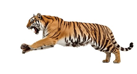 Fototapeta premium Tiger big cat male springing powerfully isolated on white setting