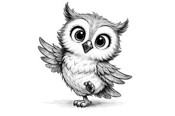 Obraz premium Playful cartoon owl sketch in hand drawn black and white style isolated on white background