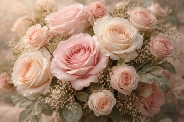 Obraz premium Delicate roses featuring soft pastel hues in a vintage style arrangement
