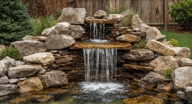 Top down image focusing on a backyard pondless waterfall with smooth stone finish