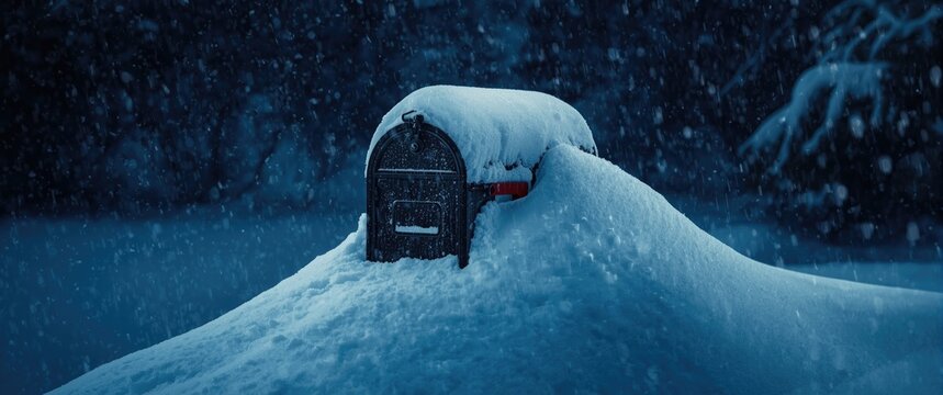 Winter mailbox buried beneath fresh snow from a strong blizzard