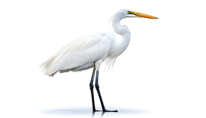 Naklejka premium A graceful, pristine white heron stands proudly against a bright white background, showcasing its sleek feathers and slender form