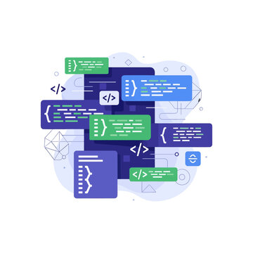 Abstract digital code blocks with programming symbols and data structures