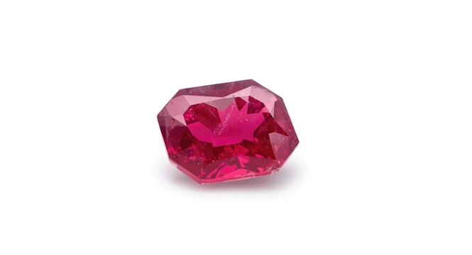 Fine red ruby crystal with detailed facet work shown on an uncluttered white backdrop