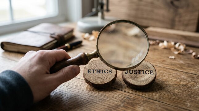 Hand holding magnifying glass enlarging wooden pieces with text ETHICS and JUSTICE, wooden surface, notebook, wood shavings background, symbolic scene of scrutiny, morality, and legal principles.