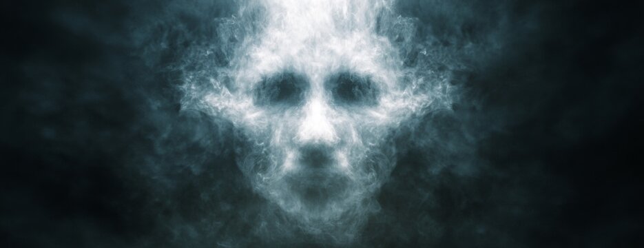Ethereal face emerging from dark mist in a surreal atmosphere  