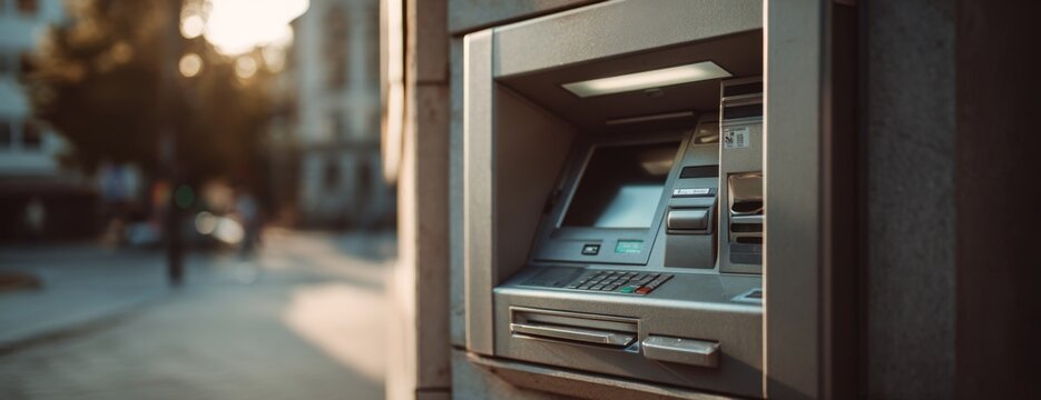 Modern ATM machine standing against a wall in a city setting  