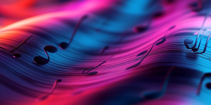 Abstract close up of musical notes flowing across dynamic sheet music illuminated by vibrant neon magenta and electric blue lighting creating a modern aesthetic background design