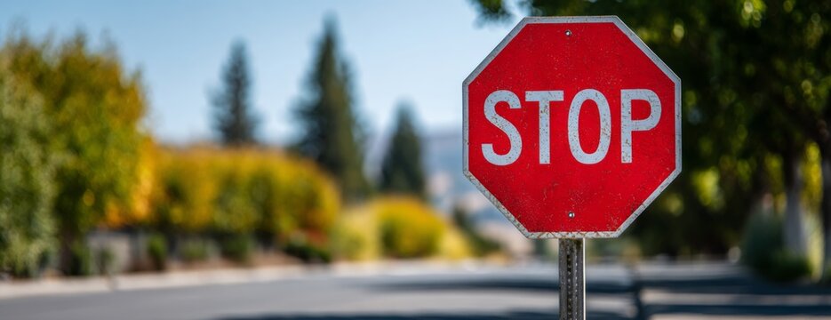 Red stop sign on roadside with blurred background of trees  