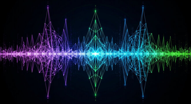 Vibrant sound wave graphic with purple blue and green hues on a dark background representing music and audio visualization