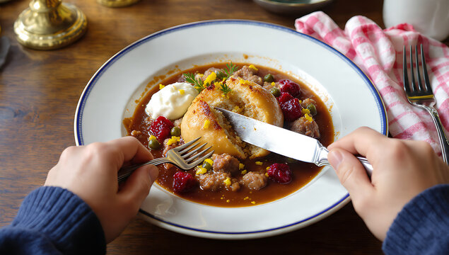 First-Person POV Cutting Bohemian Bread Dumpling - Eating Austrian Beuschel Ragout with Knife and Fork - Hand-Held Food Photography - Deep Focus Gasthaus Setting