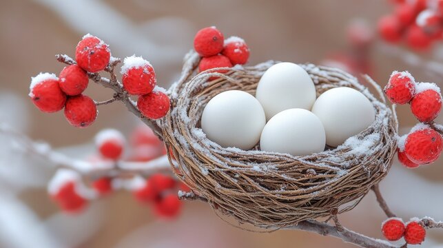 Nest with eggs, snow, berries