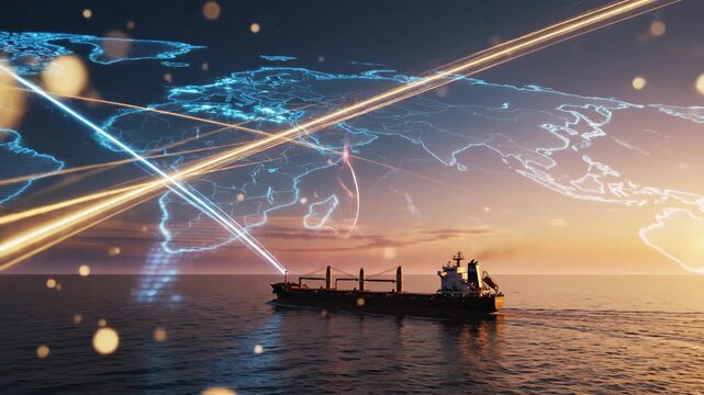 Cargo ship navigating through calm waters at sunset with illuminated world map and light trails representing global shipping routes and connections