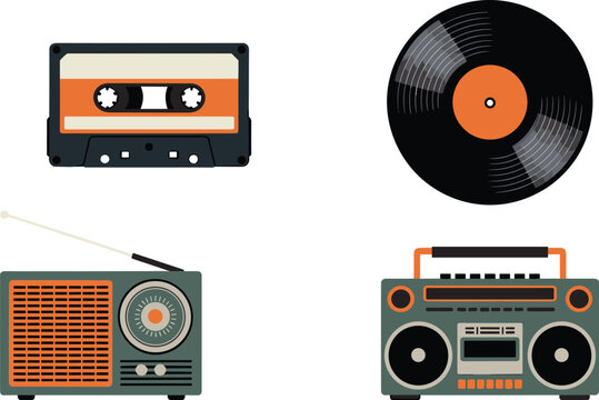 Vintage audio equipment set featuring cassette tape vinyl record transistor radio and boombox vector illustration collection.