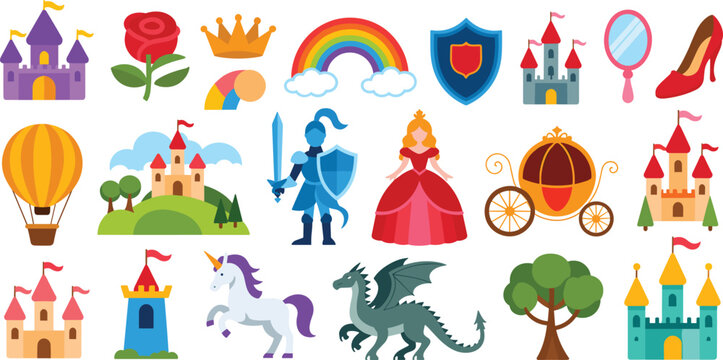 Flat Vector Fairy Tale Kingdom Icon Set Featuring Magic Castles Princess Knight Dragon Unicorn Rainbow Carriage and Fantasy Elements,