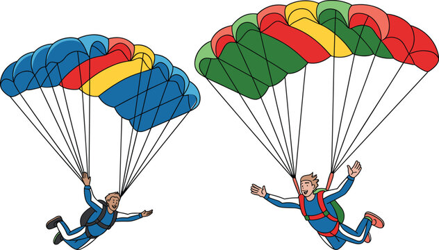 Two skydivers with colorful parachutes gliding through the air for extreme sports adventure skydiving and outdoor recreation concepts vector illustration