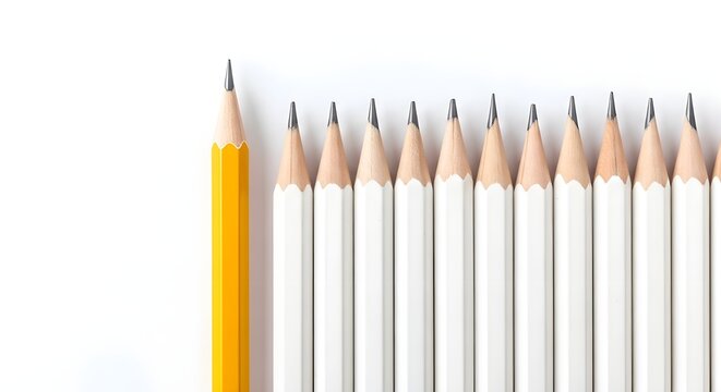 Sharpened Yellow Pencil Standing Upright Among Row of Unsharpened White Pencils Leadership Concept Macro Shot White Background