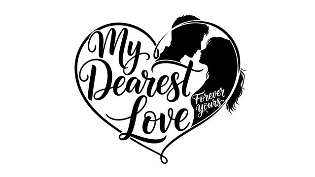 Black silhouette of a couple in a heart with romantic text