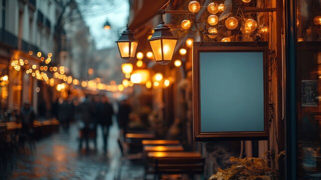 Parisian street scene at night, empty sign