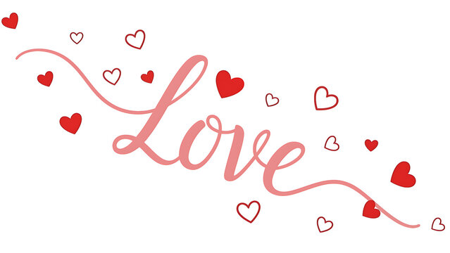 The word love written in pink cursive with red hearts on white background