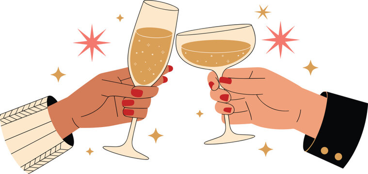 Two hands holding champagne glasses in a toast for holiday celebration new year party wedding and luxury festive event vector illustration