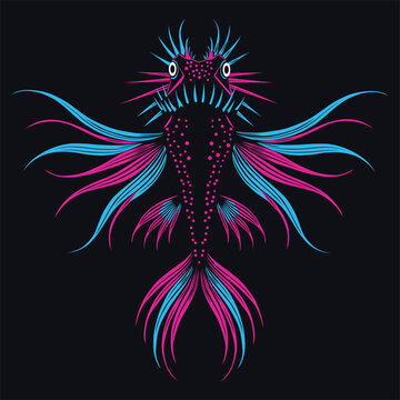 Abstract neon dragonfish illustration with vibrant pink and blue fins on dark background