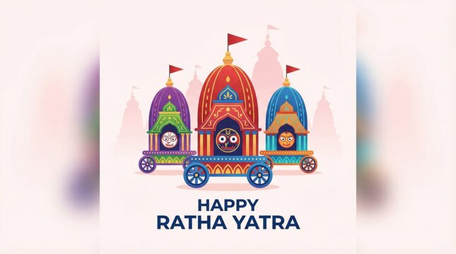 Rath yatra colorful chariot illustration with jagannath balabhadra subhadra temple carts in festive indian celebration theme for greeting banner design