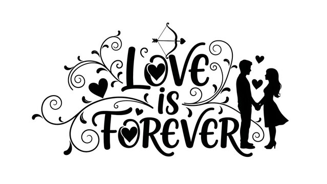 Black silhouette of couple with love is forever text and heart design isolated on white background