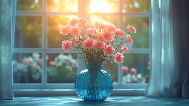 Pink carnations in blue vase by window