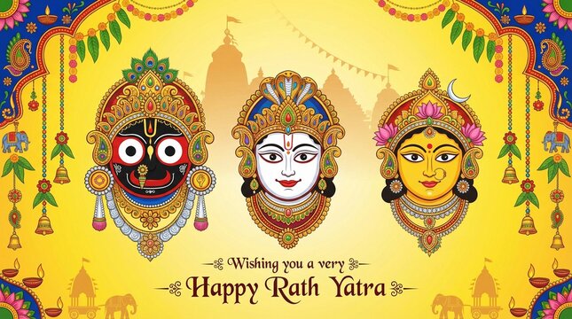 Rath yatra jagannath balabhadra subhadra deity illustration with ornate indian traditional decoration festive spiritual celebration background for greeting design use