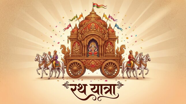 Rath yatra festival illustration featuring ornate chariot with horses and deity idol traditional indian culture celebration spiritual event background for banner design