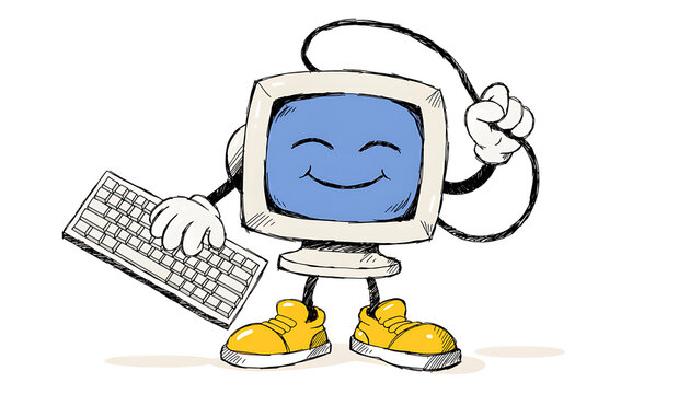 cheerful cartoon computer monitor with smiling face holding keyboard