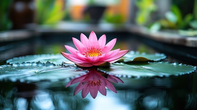 Pink lotus flower, tranquil water