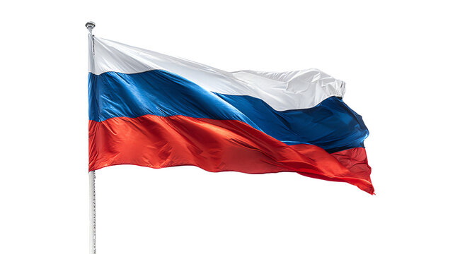 A Russian flag flutters in the wind on a flagpole against a pure white background